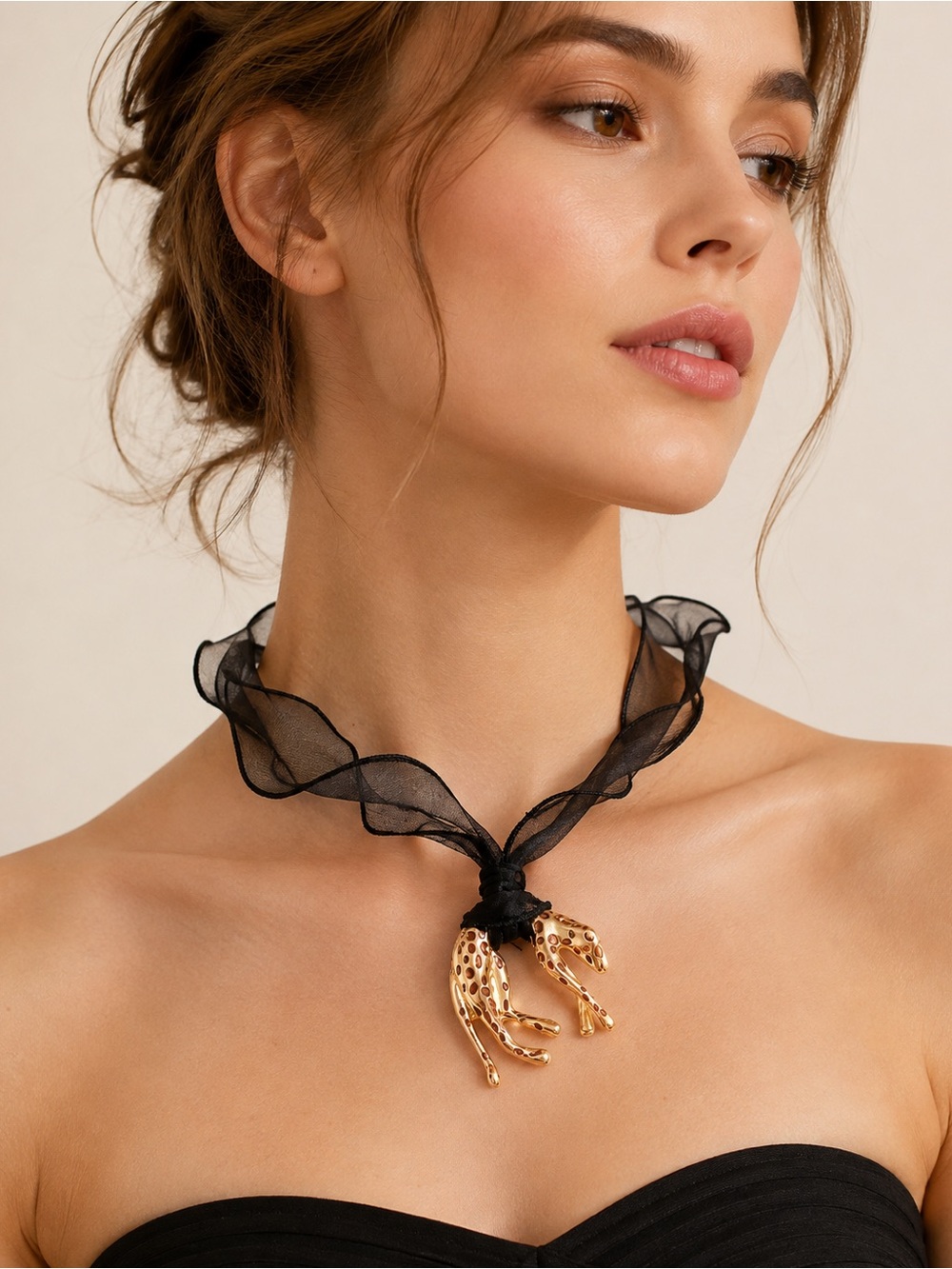 Panthere Gold Leopard Black Ribbon Choker Necklace